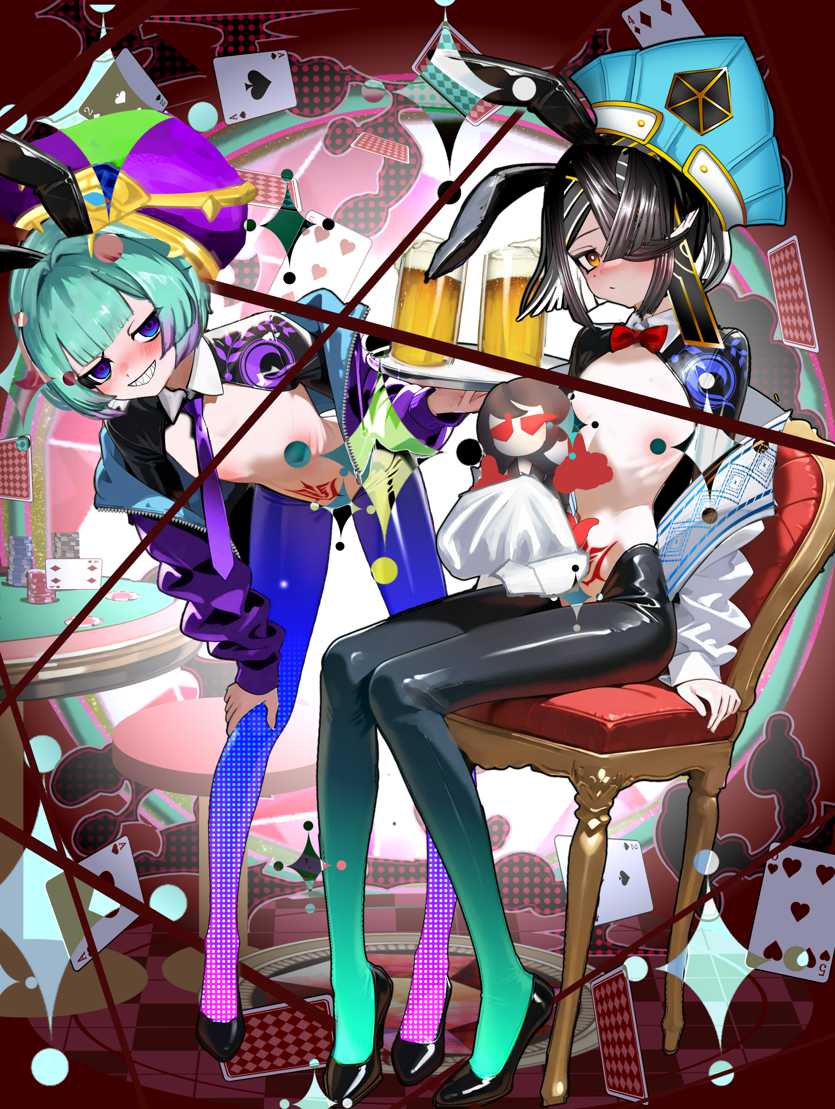 kitsunebi44410, locusta (fate), xu fu (fate), fate/grand order, fate (series), absurdres, highres, 2girls, black hair, breasts, brown eyes, chair, command spell, frontless outfit, green hair, grin, hair over one eye, hiphighs, looking at viewer, mole, mole under eye, multicolored hair, multiple girls, navel, purple eyes, purple hair, reverse bunnysuit, reverse outfit, sharp teeth, short hair, shrug (clothing), sitting, small breasts, smile, stomach tattoo, tattoo, teeth, two-tone hair