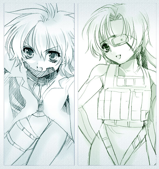 fragran0live, old snake, raiden (metal gear), solid snake, metal gear (series), metal gear solid, sweet snake, sweetsnake, gender request, androgynous, bandana, coat, cosplay, cyborg, eyepatch, genderswap, monochrome, multiple monochrome, open mouth, sketch