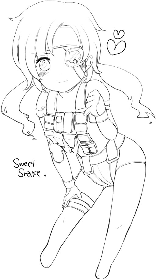old snake, metal gear (series), sweet snake, sweetsnake, bad id, bad pixiv id, gender request, 1girl, bandana, cosplay, eyepatch, female focus, genderswap, greyscale, heart, monochrome, solo