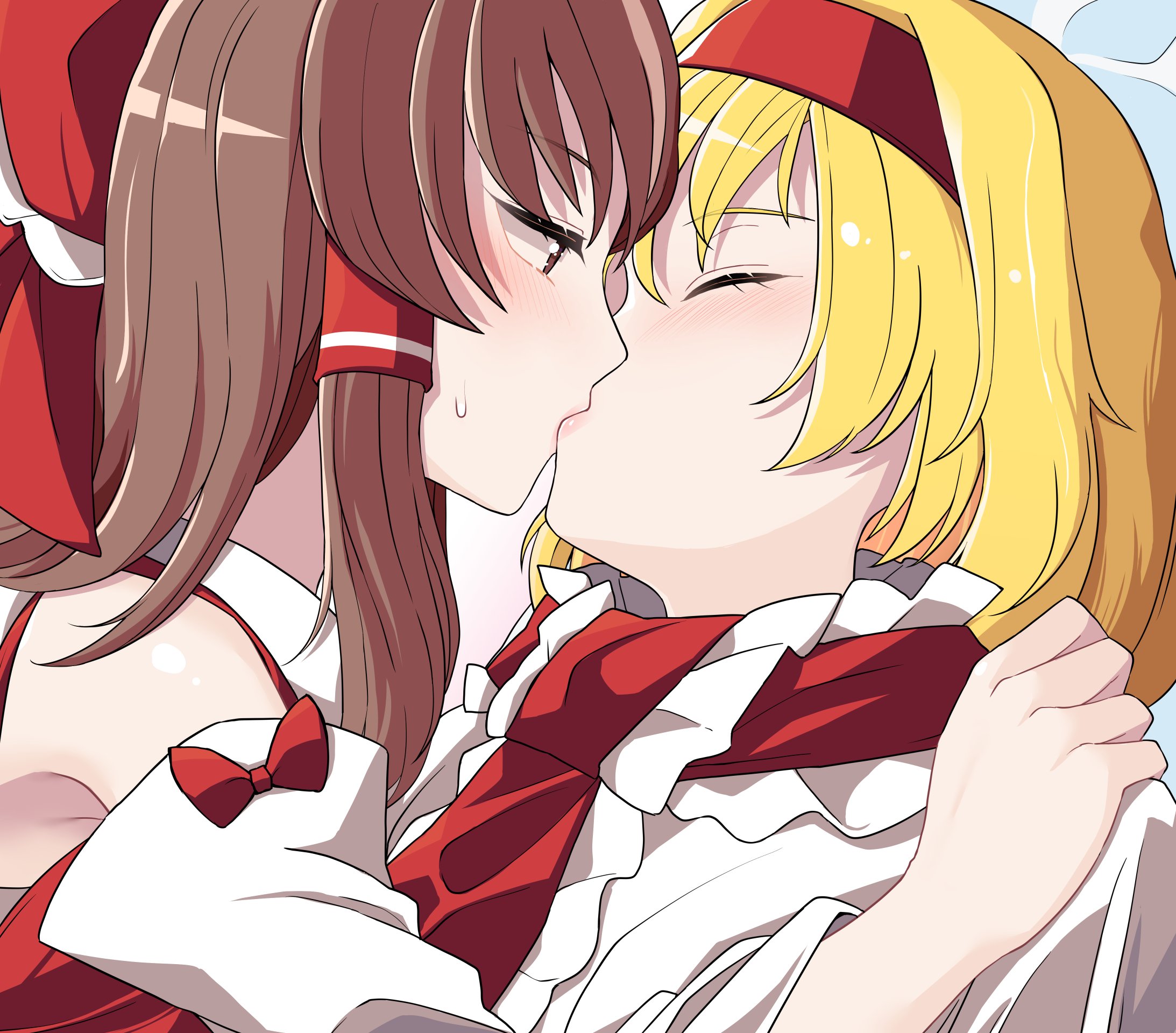 sei (kaien kien), alice margatroid, hakurei reimu, touhou, commentary, highres, 2girls, bare shoulders, blonde hair, bow, brown hair, closed eyes, detached sleeves, from side, hair bow, hairband, hand on another's shoulder, kiss, looking at another, multiple girls, nontraditional miko, red hairband, red shirt, shirt, short hair, sleeve bow, sleeveless, sleeveless shirt, upper body, yuri