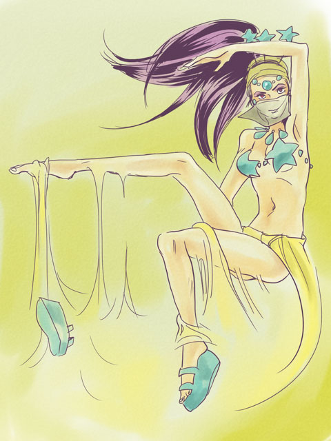 midler, jojo no kimyou na bouken, 1girl, armpits, bandana, bare shoulders, barefoot, breasts, dancer, eyeshadow, feet, female focus, jewelry, legs, makeup, midriff, navel, purple hair, red eyes, sandals, shoes, single shoe, skirt, small breasts, solo, star (symbol), toes, underboob
