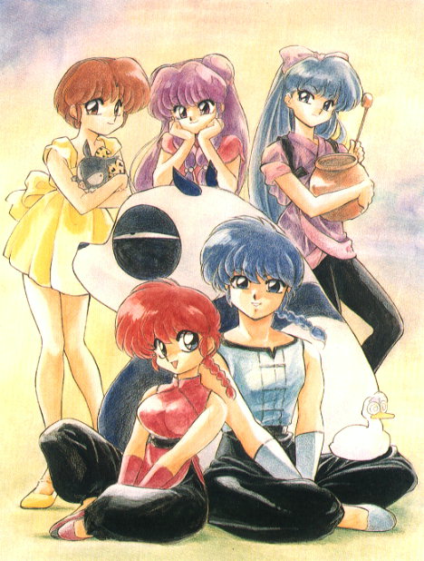 nakajima atsuko, hibiki ryouga, kuonji ukyou, mousse (duck) (ranma 1/2), mousse (ranma 1/2), p-chan, ranma-chan, saotome genma, saotome ranma, shampoo (ranma 1/2), tendou akane, ranma 1/2, official art, traditional media, 1990s (style), 1boy, 4girls, bird, braid, brown hair, duck, genderswap, genderswap (mtf), long hair, multiple girls, no socks, panda, purple hair, red hair, retro artstyle, single braid
