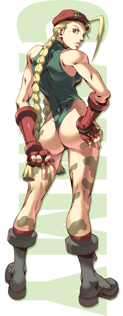 alvin lee, udon entertainment, cammy white, capcom, street fighter, platform footwear, long image, tall image, 1girl, antenna hair, ass, back, bare shoulders, beret, blonde hair, blue eyes, bodypaint, boots, braid, camouflage, character name, female focus, fingerless gloves, from behind, full body, gauntlets, gloves, hair over shoulder, halterneck, hand on own ass, hand on own hip, hat, high heels, highleg, highleg leotard, hip focus, kneepits, leotard, lips, long hair, looking at viewer, looking back, low-tied long hair, military, military uniform, panties, parted lips, scrunchie, shoes, skin tight, solo, standing, stick poster, thong, thong leotard, turtleneck, twin braids, underwear, v, very long hair