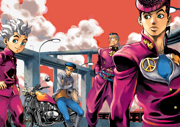 mahito (tranjistor), tranjistor, higashikata josuke, hirose koichi, kishibe rohan, nijimura okuyasu, diamond is not crash, jojo no kimyou na bouken, vehicle, 4boys, belt, black hair, blonde hair, blue hair, boots, cloud, crossed arms, dollar sign, earrings, gakuran, green eyes, hand in pocket, hands on own hips, headband, heart, jacket, jewelry, lamppost, male focus, motor vehicle, motorcycle, multiple belts, multiple boys, outdoors, overpass, peace symbol, pompadour, purple hair, school uniform, serafuku, sitting, sketchbook, sky, smile, standing, sweater, white hair, zipper