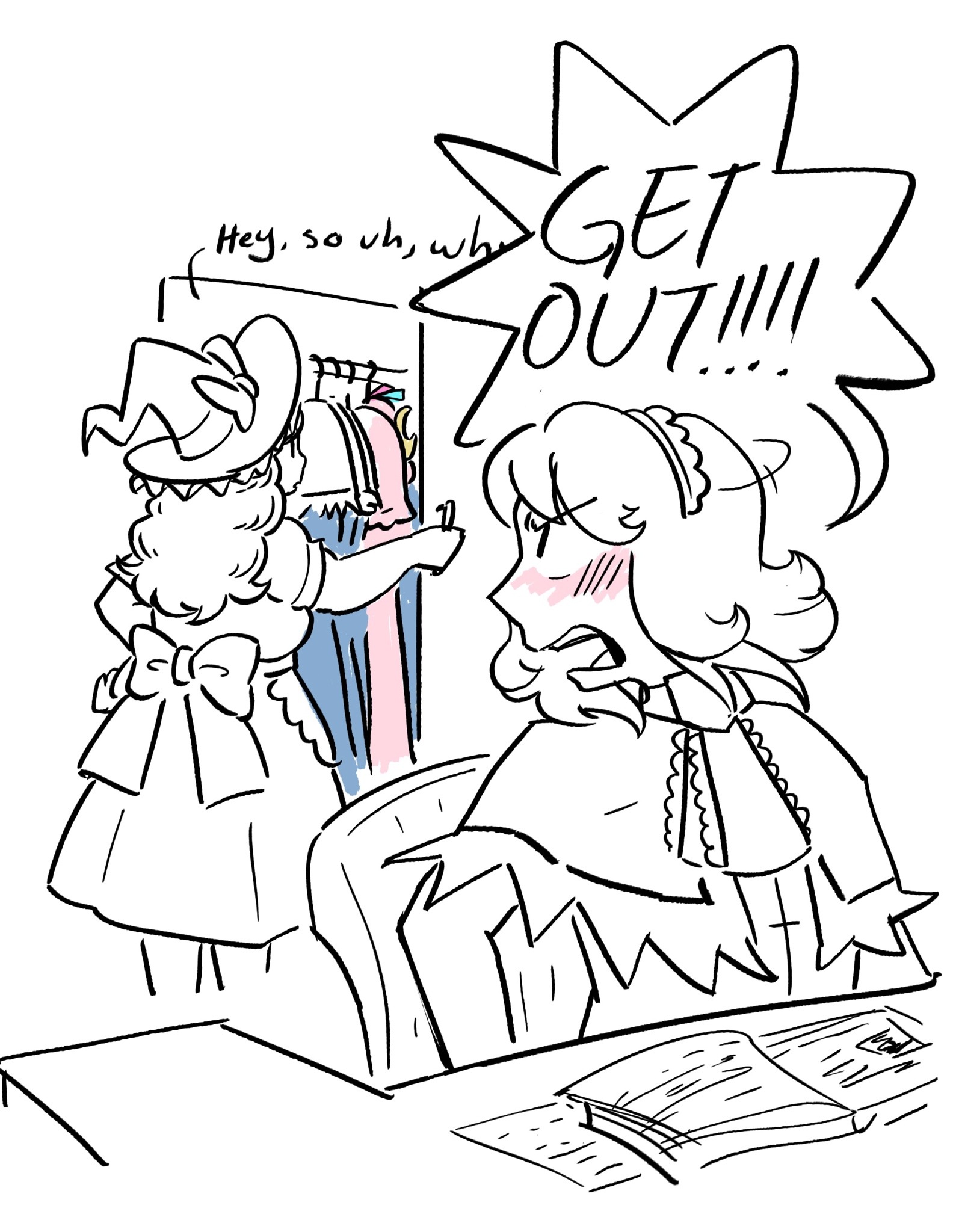 siliconcat, alice margatroid, kirisame marisa, touhou, commentary, english commentary, highres, 2girls, back bow, blush, bow, chair, closet, dress, english text, frilled hairband, frills, frown, hairband, hat, hat bow, long hair, looking back, multiple girls, open mouth, short hair, sitting, speech bubble, spot color, standing, witch hat