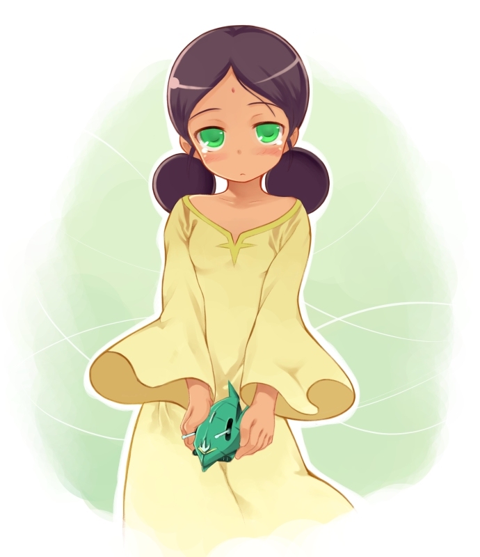 kurasuke, elmeth, lalah sune, gundam, mobile suit gundam, bindi, brown hair, dark-skinned female, dark skin, green eyes, mecha, robot, solo, toy