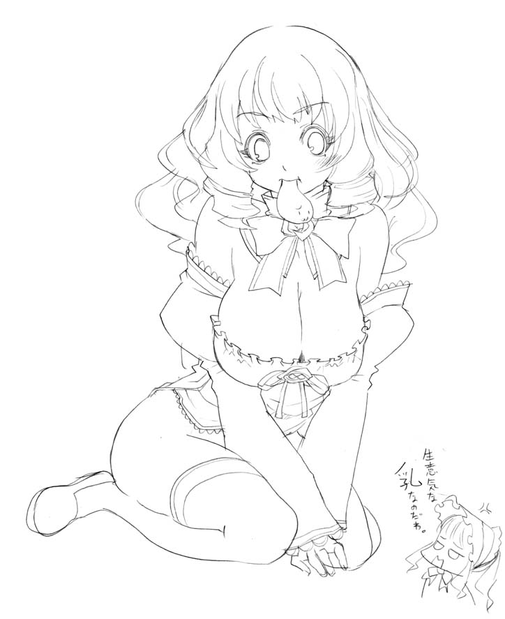 tsuutenkaaku, hinaichigo, shinku, rozen maiden, 00s, 2girls, alternate breast size (larger), breasts, cleavage, detached sleeves, greyscale, kneeling, large breasts, long hair, monochrome, mouth hold, multiple girls, thighhighs