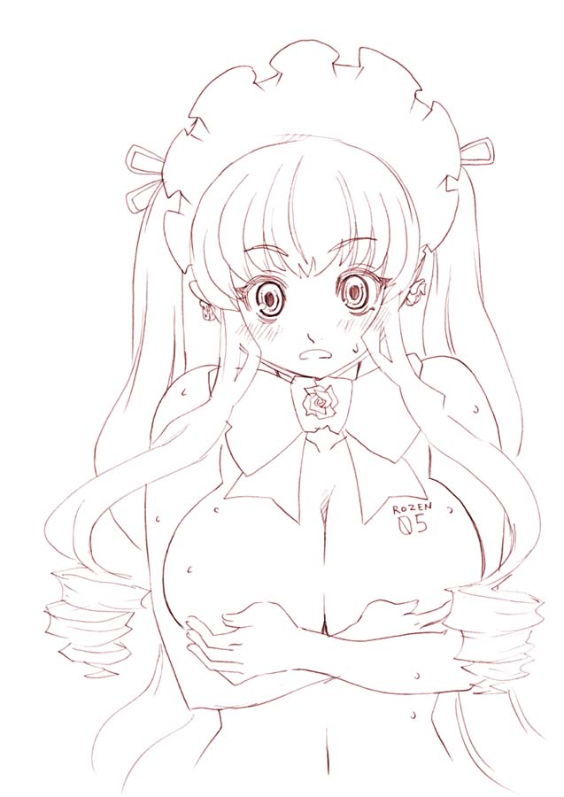 tsuutenkaaku, shinku, rozen maiden, breast hold, 00s, alternate breast size (larger), blush, breasts, covering breasts, covering privates, greyscale, large breasts, long hair, monochrome, nude, nude cover, solo