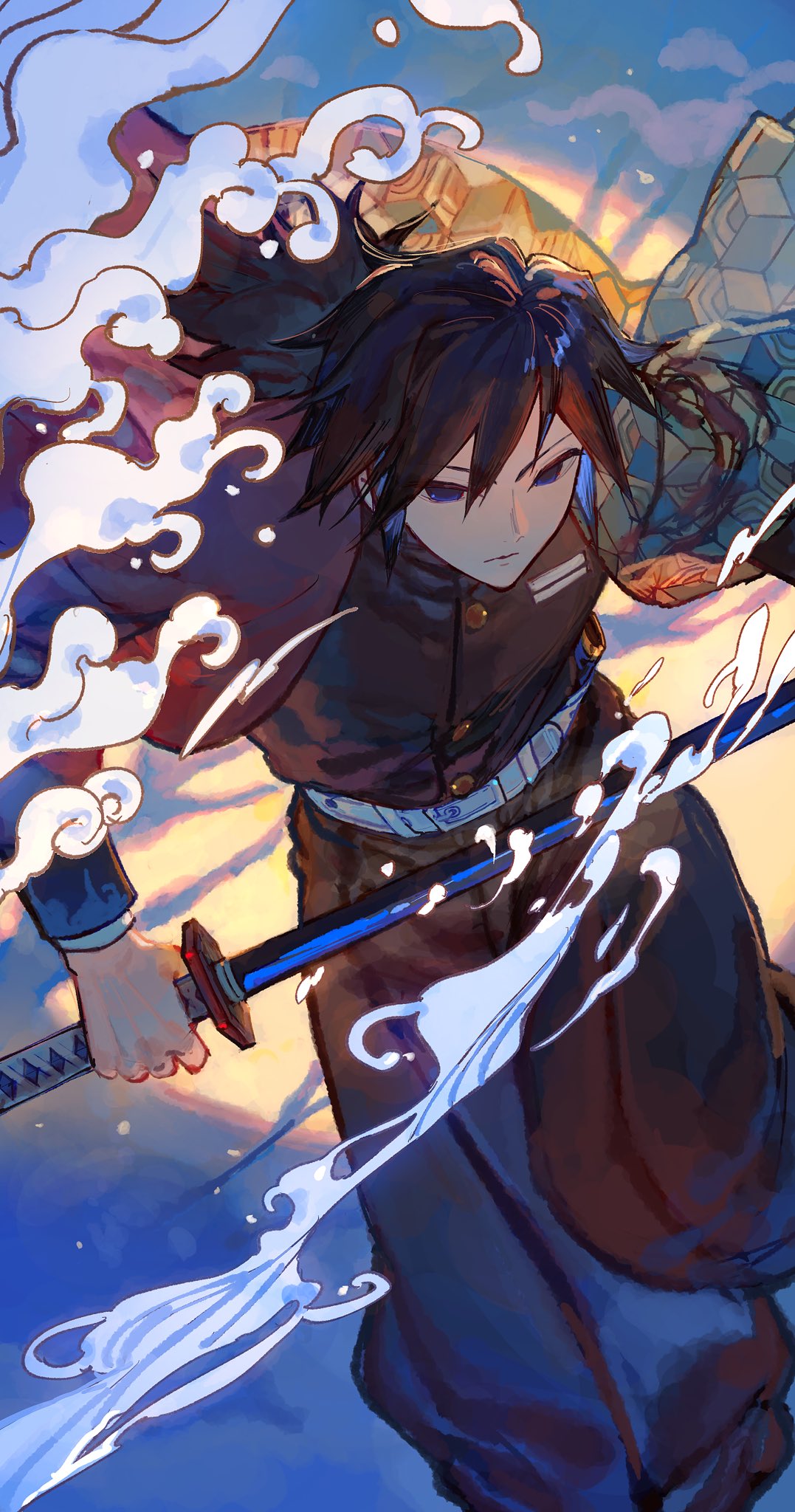 tomioka giyuu, kimetsu no yaiba, highres, 1boy, belt, black hair, black jacket, black pants, blue eyes, buttons, demon slayer uniform, gold buttons, haori, high collar, holding, holding sword, holding weapon, jacket, japanese clothes, katana, kikkoumon, leaning forward, low ponytail, male focus, pants, ponytail, print haori, red haori, ruupoppo, solo, spiked hair, sword, water, weapon, white belt