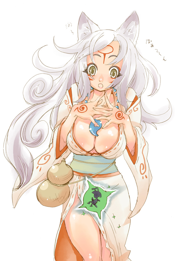 tsuutenkaaku, amaterasu (ookami), issun, ookami (game), silver hair, 1girl, :o, animal ears, breasts, brown eyes, cleavage, japanese clothes, large breasts, long hair, magatama, personification