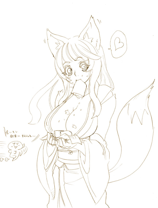 tsuutenkaaku, animal ears, breasts, cleavage, eating, food, fox ears, heart, japanese clothes, large breasts, long hair, monochrome, mouth hold, solo, tail