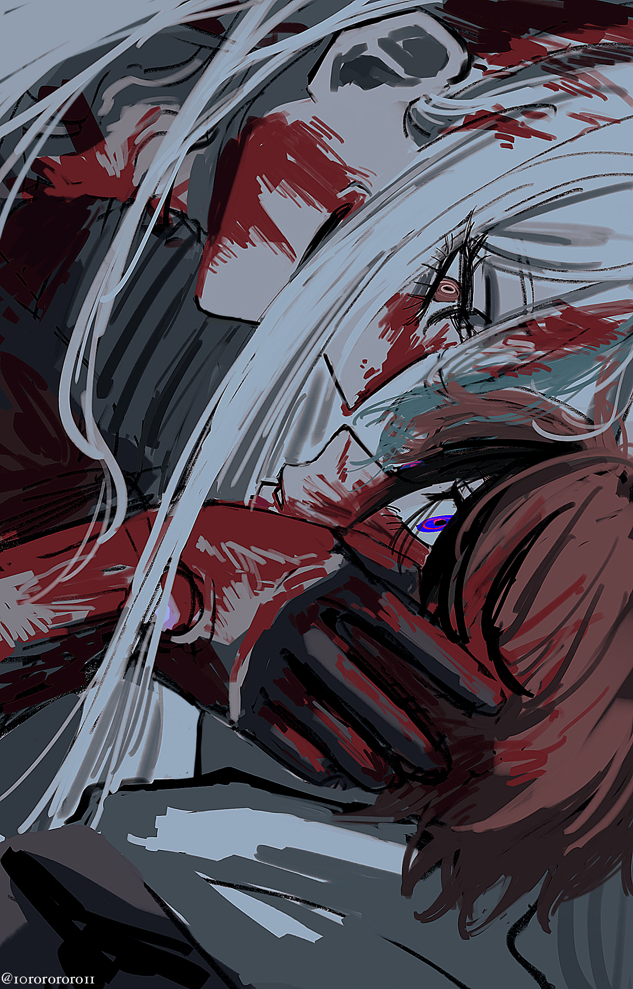 sumino takumi, v'ehxness, the hundred line -last defense academy-, highres, 10rorororo11, 1boy, 1girl, armor, black hair, blood, blood on clothes, blood on face, blood on hands, blue eyes, gorget, long hair, red eyes, red hair, short hair, white hair