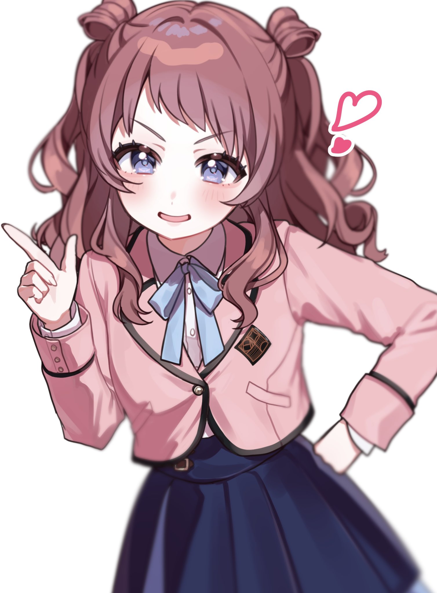 yuuki hajime, hanami saki, gakuen idolmaster, idolmaster, commentary request, highres, 1girl, belt buckle, black skirt, blazer, blue eyes, blue ribbon, blurry, blush, brown hair, buckle, collared shirt, cowboy shot, cropped jacket, depth of field, dress shirt, hair rings, half-skirt, hand on own hip, hand up, hatsuboshi gakuen school uniform, heart, high-waist skirt, jacket, l hand, lapels, long sleeves, looking at viewer, neck ribbon, open mouth, pink jacket, ribbon, school emblem, school uniform, shirt, simple background, skirt, solo, two side up, white background, white shirt