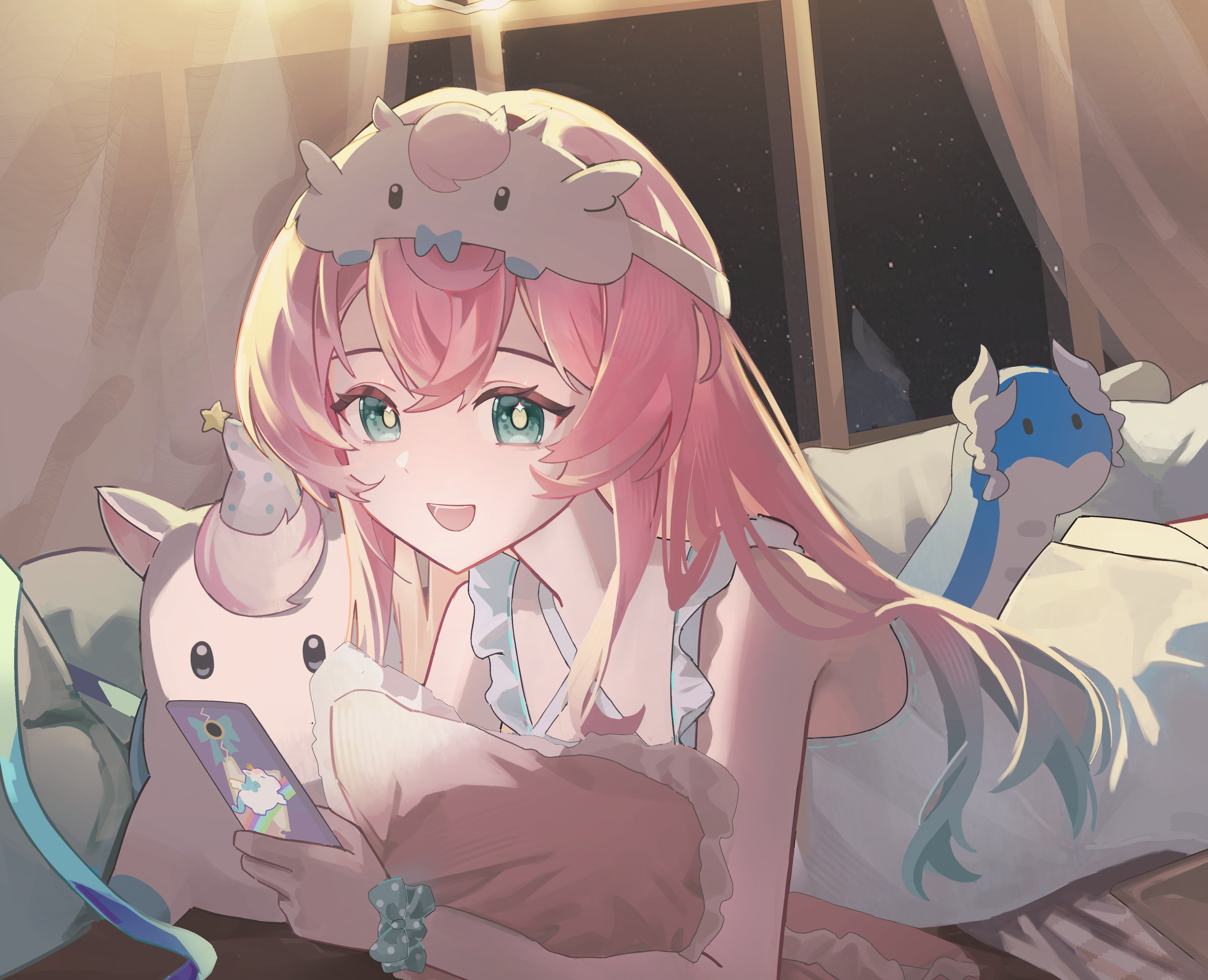 bimo (bimo koa), hyacine (honkai: star rail), little ica (honkai: star rail), honkai: star rail, honkai (series), absurdres, highres, 1girl, alternate costume, bed, curtains, dromas (honkai: star rail), frills, gradient hair, green eyes, hair between eyes, hair down, holding, holding phone, long hair, multicolored hair, phone, pillow, pink hair, sleepwear, star (sky), stuffed toy, teeth, upper teeth only, window