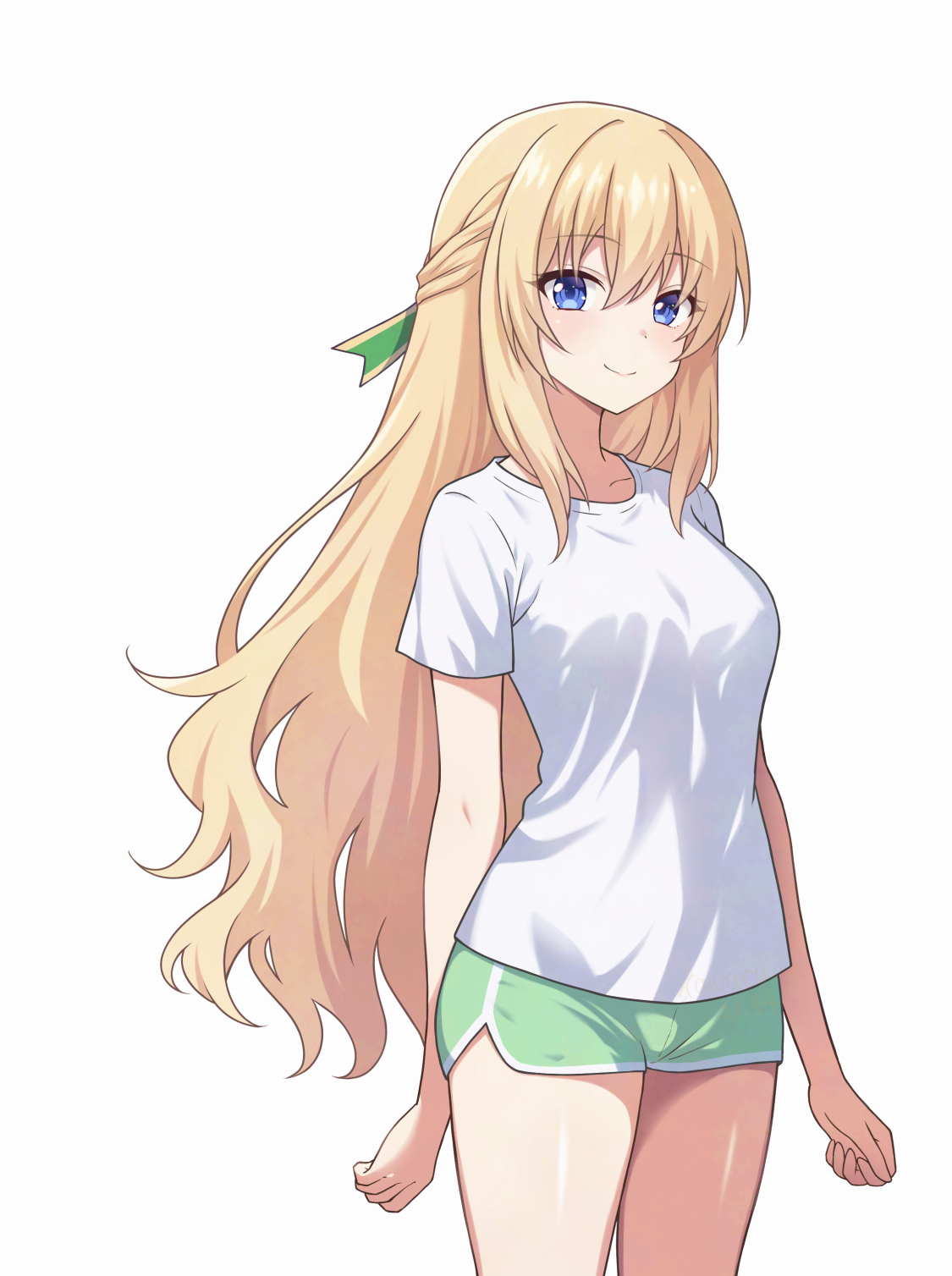 kawaruwaru, vert (neptunia), choujigen game neptune, neptune (series), commentary request, highres, 1girl, blonde hair, blue eyes, blush, breasts, closed mouth, cowboy shot, eyelashes, green shorts, hair ribbon, long hair, ribbon, shirt, short shorts, short sleeves, shorts, simple background, smile, solo, t-shirt, white background, white shirt