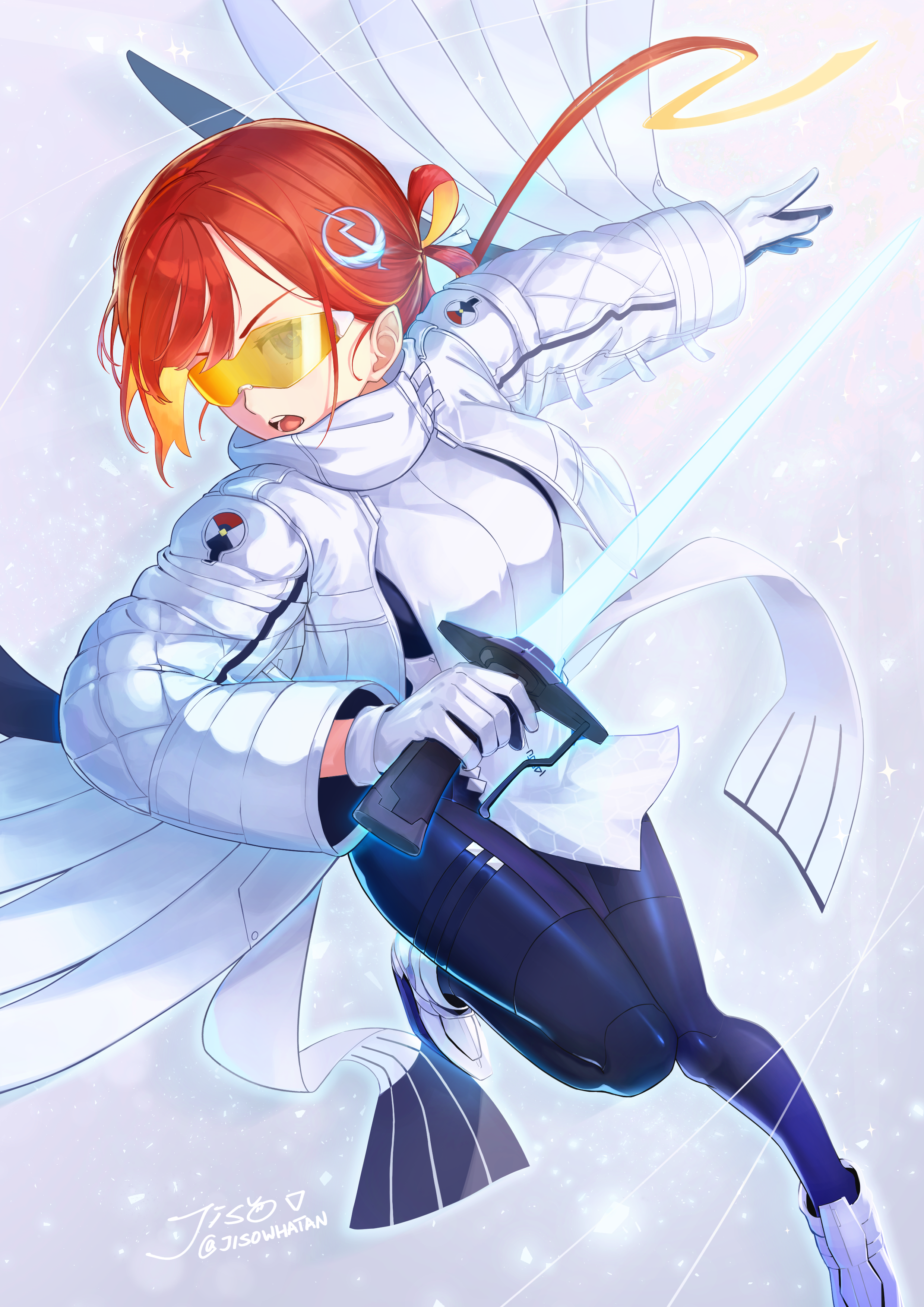 jiso (zevil10), jeunesse crane (fate), jeunesse crane (third ascension) (fate), miss crane (fate), fate/grand order, fate (series), absurdres, highres, 1girl, black bodysuit, black gloves, bodysuit, breasts, energy sword, gloves, goggles, hair ornament, jacket, long hair, long sleeves, medium breasts, multicolored hair, open mouth, orange hair, pelvic curtain, ponytail, purple eyes, red hair, solo, sword, tabard, two-tone gloves, two-tone hair, weapon, white gloves, white jacket, winged sleeves