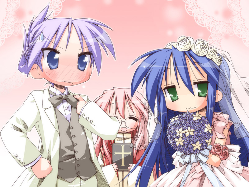 yoshimizu kagami, hiiragi kagami, izumi konata, takara miyuki, lucky star, official art, 00s, 3girls, :3, blue eyes, blue hair, blush, bouquet, bride, cross, dress, flower, formal clothes, green eyes, mole, mole under eye, multiple girls, pant suit, pants, pink hair, purple hair, smile, suit, wedding dress, wife and wife, yuri