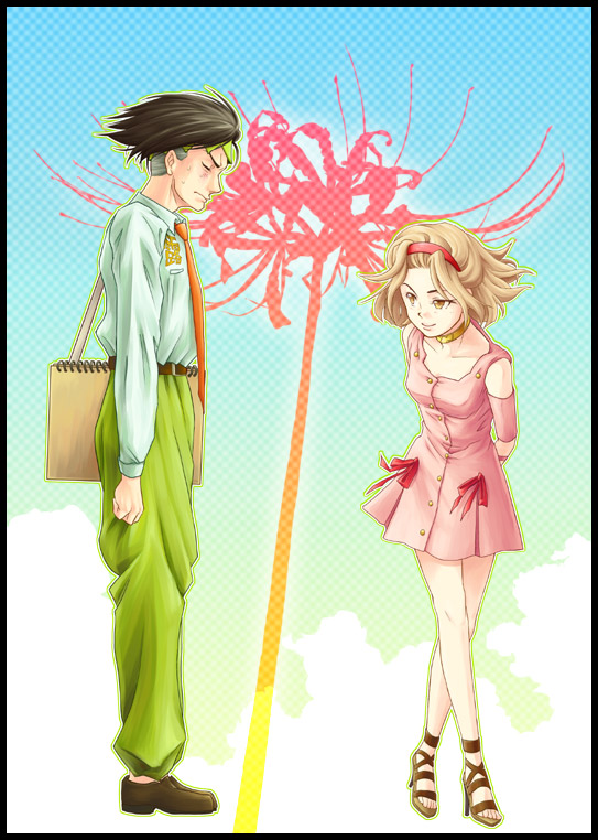 nozomi uni, kishibe rohan, sugimoto reimi, jojo no kimyou na bouken, bad id, bad pixiv id, 1boy, 1girl, armband, belt, black hair, blush, brown eyes, brown hair, choker, closed eyes, cloud, collarbone, flower, footwear ribbon, ghost, hairband, headband, high heel sandals, high heels, necktie, pants, red flower, ribbon, sandals, shoes, sketchbook, sky, smile, spider lily, sweatdrop
