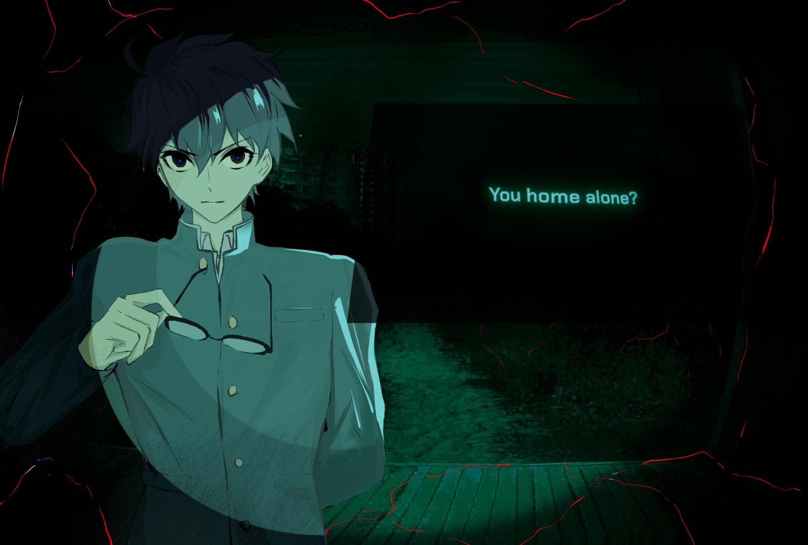 tohno shiki, tsukihime, tsukihime (remake), angry, arm behind back, black hair, blue jacket, english text, glass, hair between eyes, holding, holding removed eyewear, imminent attack, jacket, looking at viewer, male focus, meme, mystic eyes of death perception, no i'm not a human, parody, res ssss, school uniform, shirt, short hair, souya high school uniform, unworn eyewear, white shirt