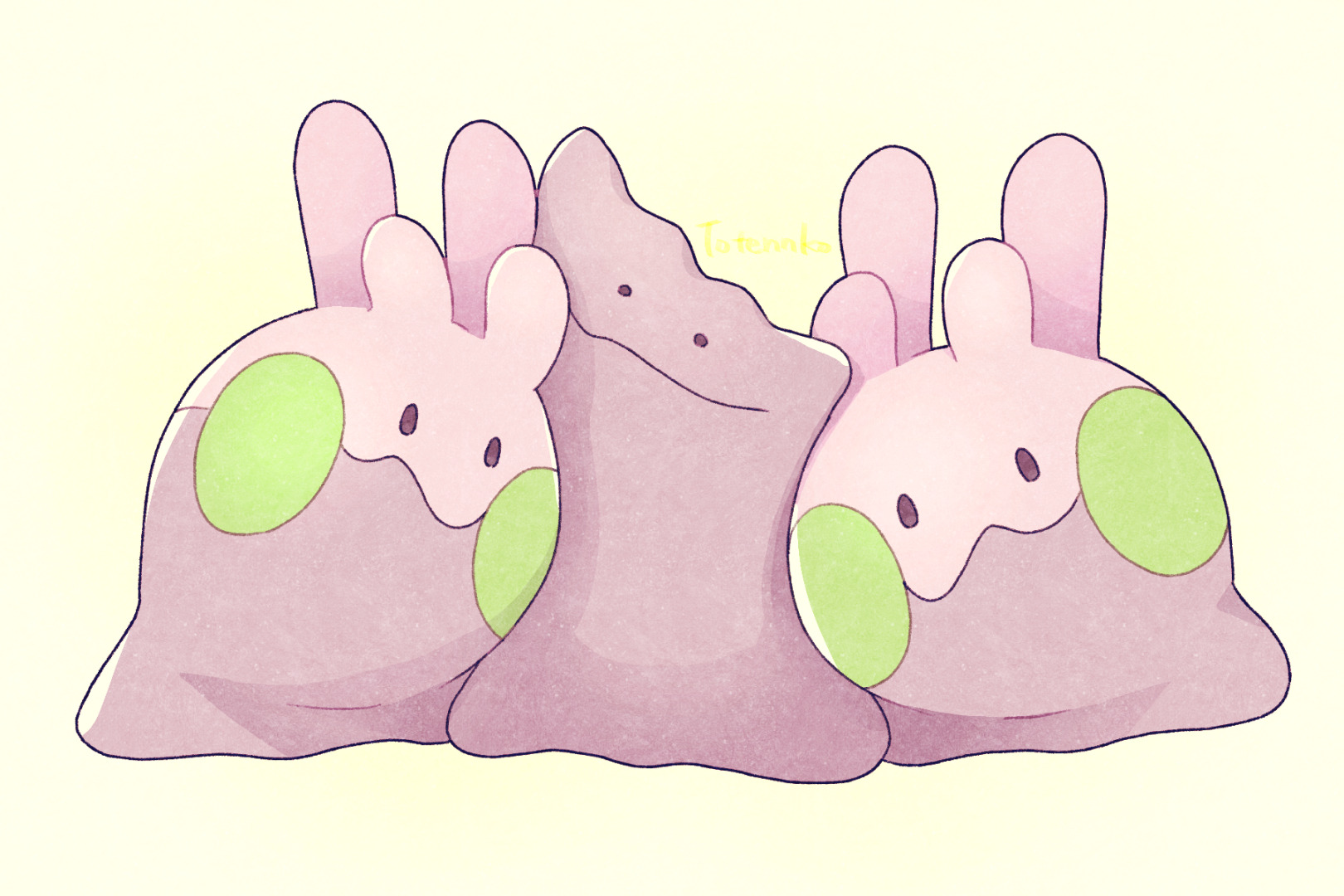 totennko, ditto, goomy, nintendo, pokemon, highres, artist name, gen 1 pokemon, gen 6 pokemon, looking at viewer, no humans, pokemon (creature), signature, simple background, white background