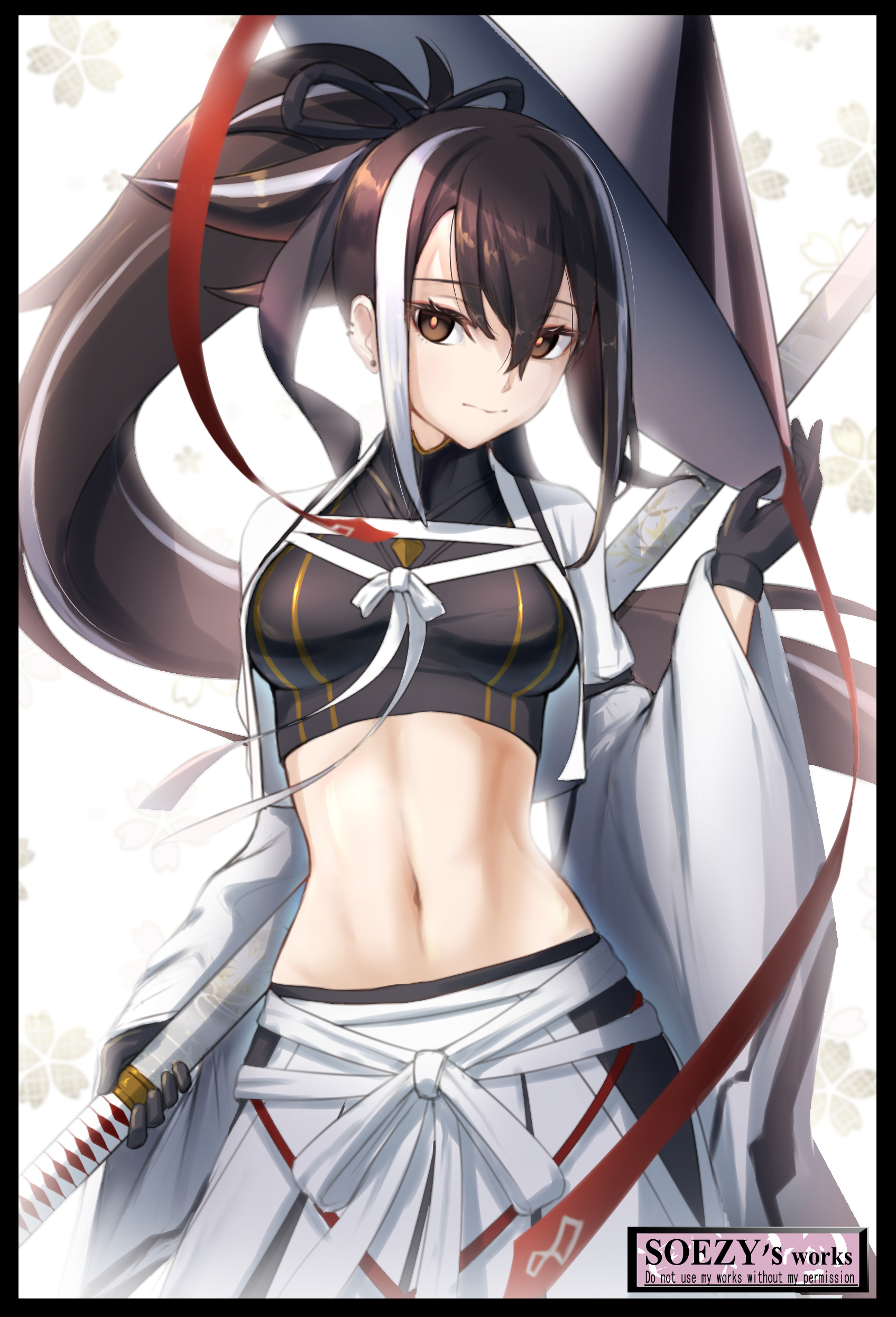 soezy, fate/grand order, fate (series), absurdres, highres, 1girl, black gloves, black hair, black shirt, breasts, brown eyes, cropped shirt, gloves, hakama, haori, high ponytail, ichimegasa, japanese clothes, katana, kawakami gensai (fate), long hair, long sleeves, looking at viewer, midriff, multicolored hair, navel, ponytail, shirt, sidelocks, solo, streaked hair, sword, weapon, white hair, white hakama, white haori, wide sleeves