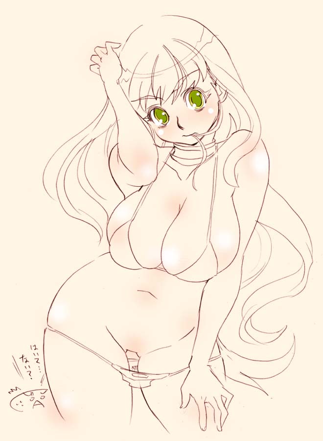 tsuutenkaaku, 1girl, bikini, bikini pull, blush, breasts, cleavage, clothes pull, curvy, female focus, green eyes, hair in own mouth, large breasts, long hair, monochrome, no pussy, panties, panty pull, pink theme, solo, spot color, swimsuit, underwear, wide hips