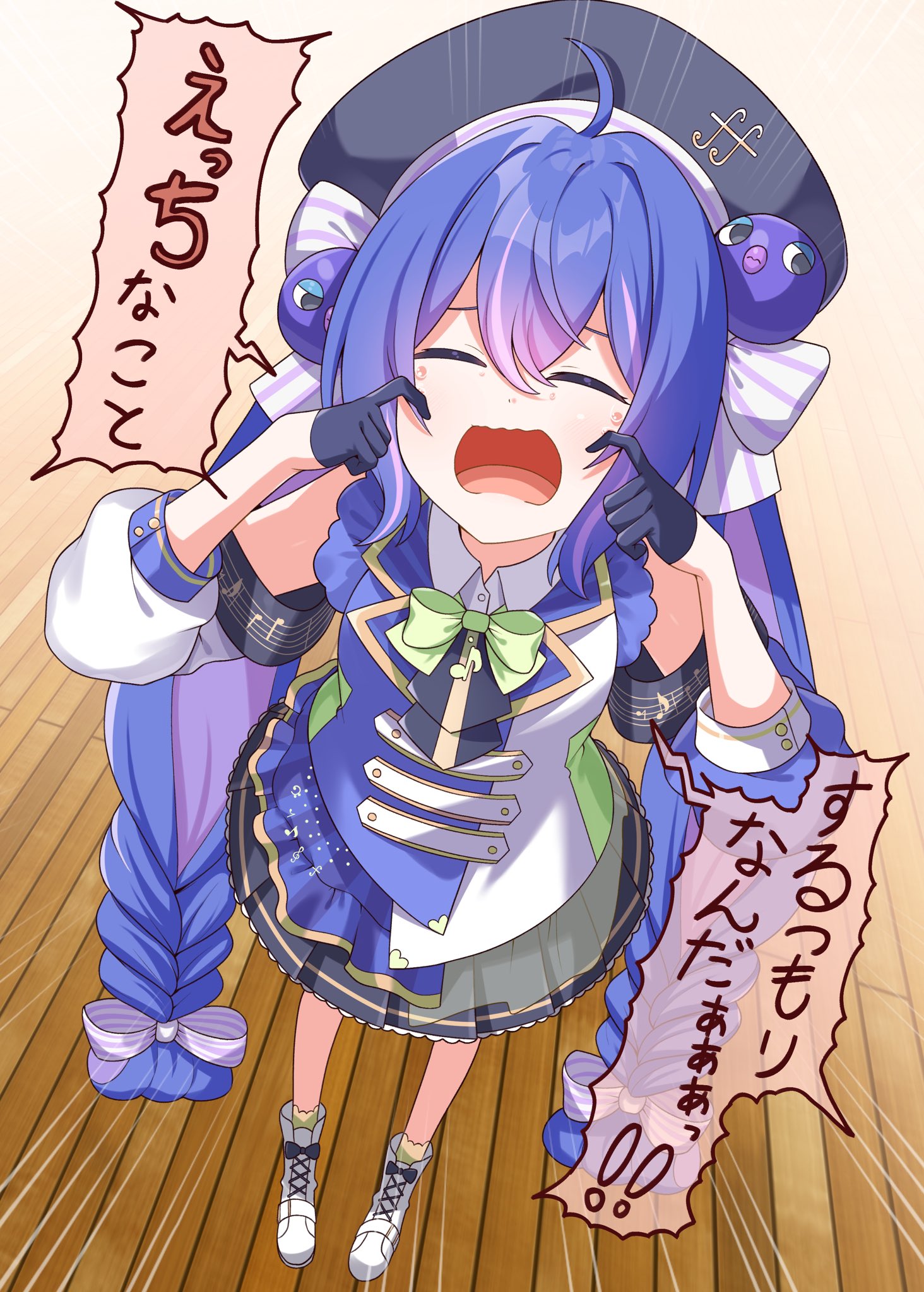 chaakusu, otomachi una, otomachi una (sv), synthesizer v, commentary request, highres, translation request, 1girl, absurdly long hair, ahoge, ascot, asymmetrical sleeves, beret, black ascot, black gloves, black hat, black skirt, blue hair, blue jacket, blue overskirt, boots, bow, bowtie, braid, buttons, closed eyes, clothing cutout, collared shirt, colored inner hair, crying, double-breasted, double-parted bangs, dutch angle, eighth note, emphasis lines, fortissimo, frilled skirt, frills, from above, full body, gloves, green bow, green bowtie, green socks, hair bow, half gloves, hat, hat ornament, hat ribbon, horizontal-striped bow, jacket, lapels, long hair, low-braided long hair, low-tied long hair, mismatched sleeves, multicolored hair, multicolored jacket, musical note, musical note hat ornament, open mouth, overskirt, pink streaks, platform boots, pleated skirt, puffy sleeves, purple hair, ribbon, see-through overskirt, shirt, shoulder cutout, sidelocks, skirt, sleeve cuffs, socks, solo, speech bubble, streaked hair, striped ribbon, tears, three-quarter sleeves, twintails, two-tone hair, very long hair, white boots, white bow, white ribbon, white shirt, wiping tears, wooden floor