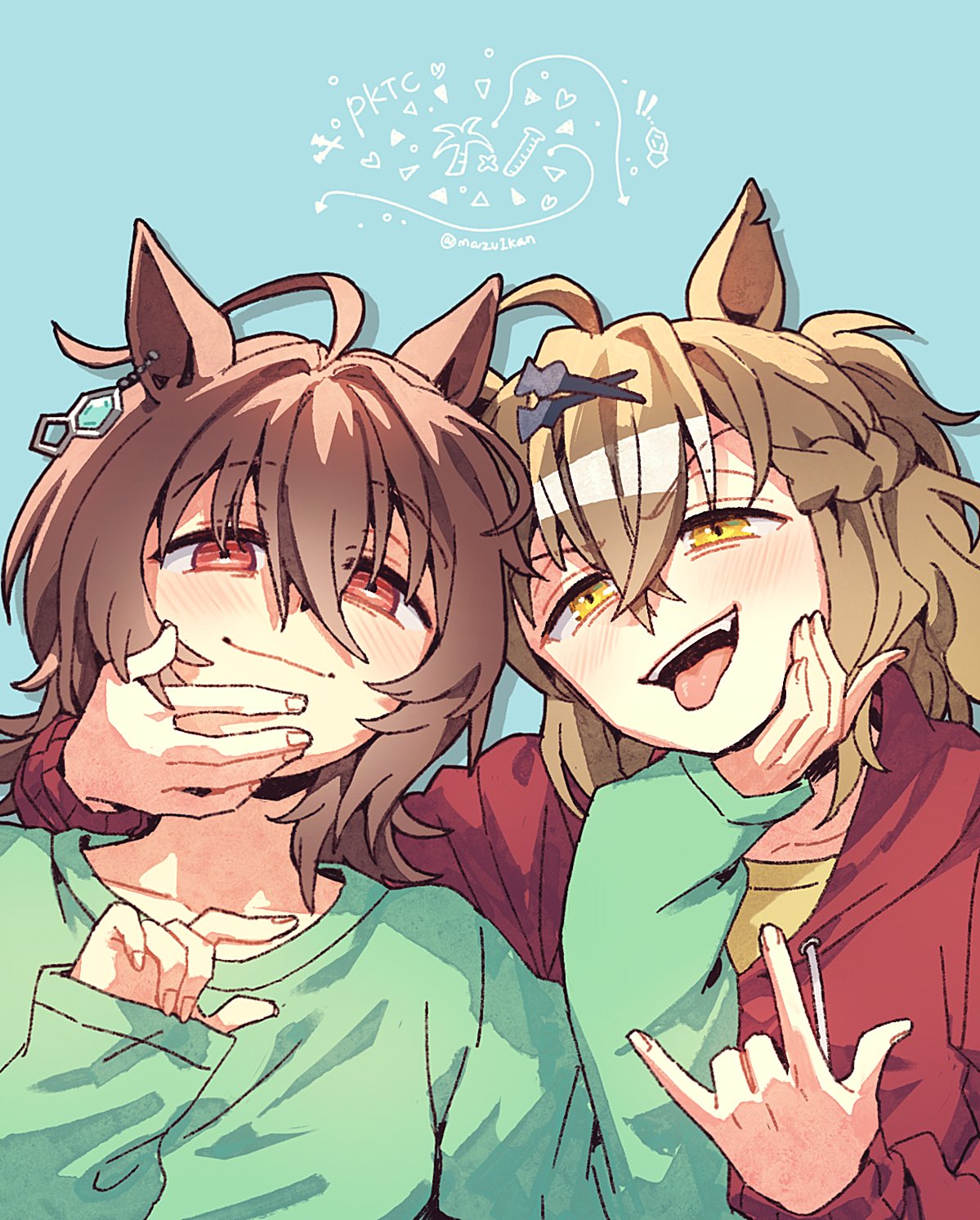 mazu1kan, agnes tachyon (umamusume), jungle pocket (umamusume), umamusume, commentary, highres, 2girls, m/, ahoge, animal ears, blue background, braid, brown hair, chemical structure, closed mouth, collarbone, dated commentary, earrings, fang, green shirt, hair between eyes, hand on another's chin, hood, hoodie, horse ears, horse girl, huge ahoge, jewelry, long sleeves, looking at viewer, medium hair, multiple girls, notched ear, open mouth, red eyes, red hoodie, shirt, short hair, single earring, smile, tongue, tongue out, twitter username, upper body, v-shaped eyebrows, yellow eyes, yellow shirt, yuri