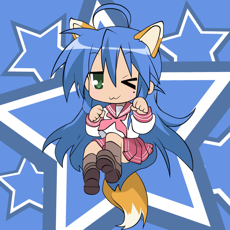 izumi konata, lucky star, derivative work, vector trace, 00s, 1girl, ahoge, animal ears, blue hair, female focus, fox ears, fox tail, green eyes, long hair, mole, mole under eye, one eye closed, school uniform, serafuku, skirt, solo, tail, very long hair, wink