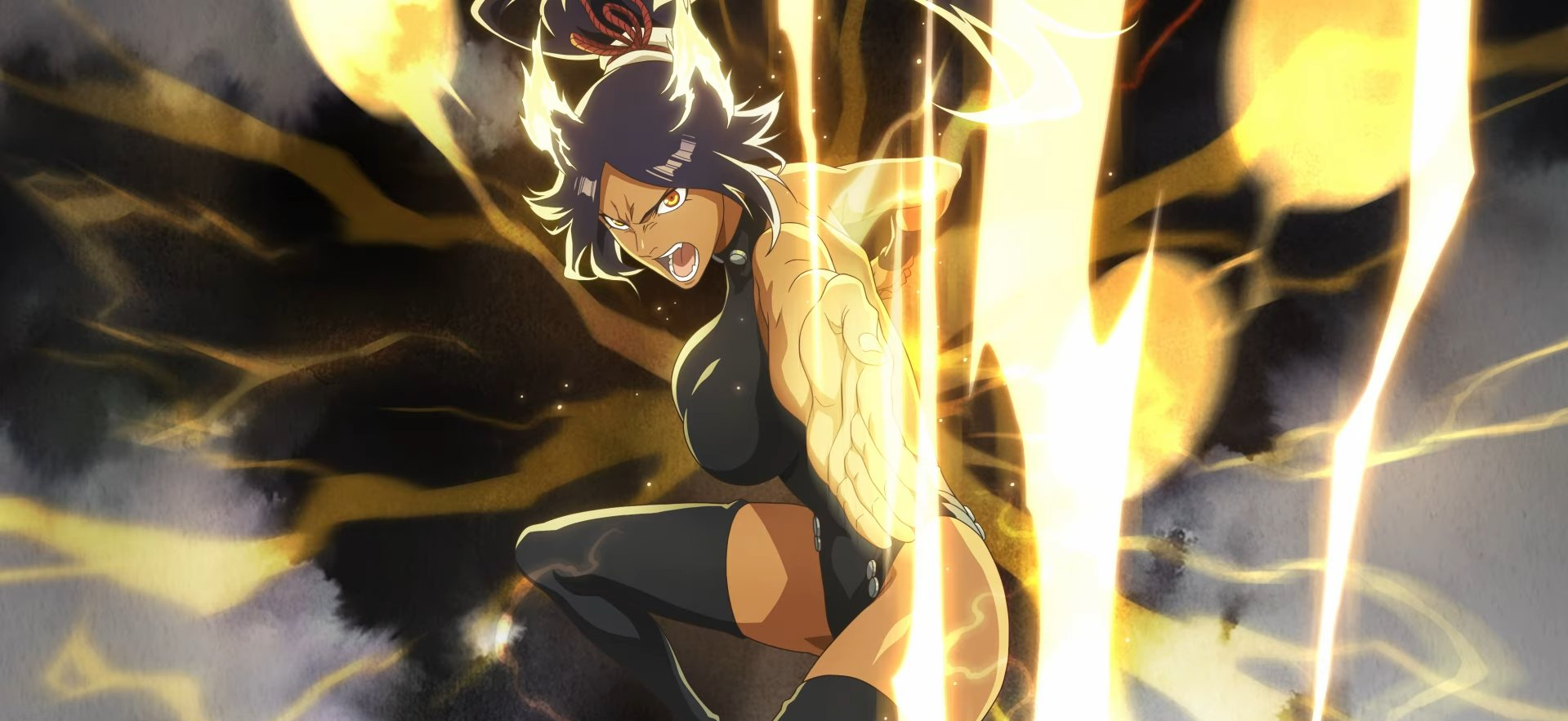 shihouin yoruichi, bleach, bleach: brave souls, bleach: sennen kessen-hen, highres, official art, second-party source, 1girl, alternate form, angry, animal ears, attack, aura, backless leotard, backless outfit, bare arms, bare shoulders, black bodysuit, black leotard, bodysuit, boots, breasts, cat ears, cat girl, cleavage, collar, curvy, dark-skinned female, dark background, dark skin, dynamic pose, electricity, electrokinesis, energy, feet out of frame, female focus, fighting stance, glowing, hair ears, hair ornament, hair ribbon, hair tie, high collar, high ponytail, highleg, highleg leotard, impossible clothes, impossible leotard, incoming attack, large breasts, leotard, lightning, long hair, looking at viewer, open mouth, outstretched arm, parted bangs, perky breasts, ponytail, purple hair, ribbon, serious, shiny clothes, shouting, sideboob, skin tight, sleeveless, solo, solo focus, teeth, thigh boots, thighhighs, thighs, tight clothes, toned, toned female, v-shaped eyebrows, wristband, yellow eyes