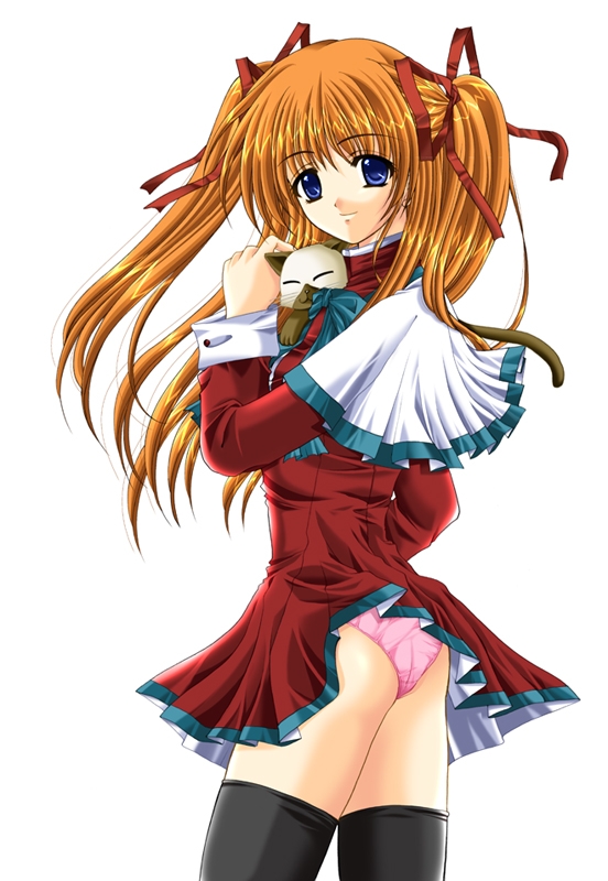 nishimata aoi, sawatari makoto, kanon, 1girl, alternate costume, clothes lift, female focus, long hair, orange hair, panties, red skirt, school uniform, serafuku, skirt, skirt lift, solo, thighhighs, twintails, underwear, upskirt
