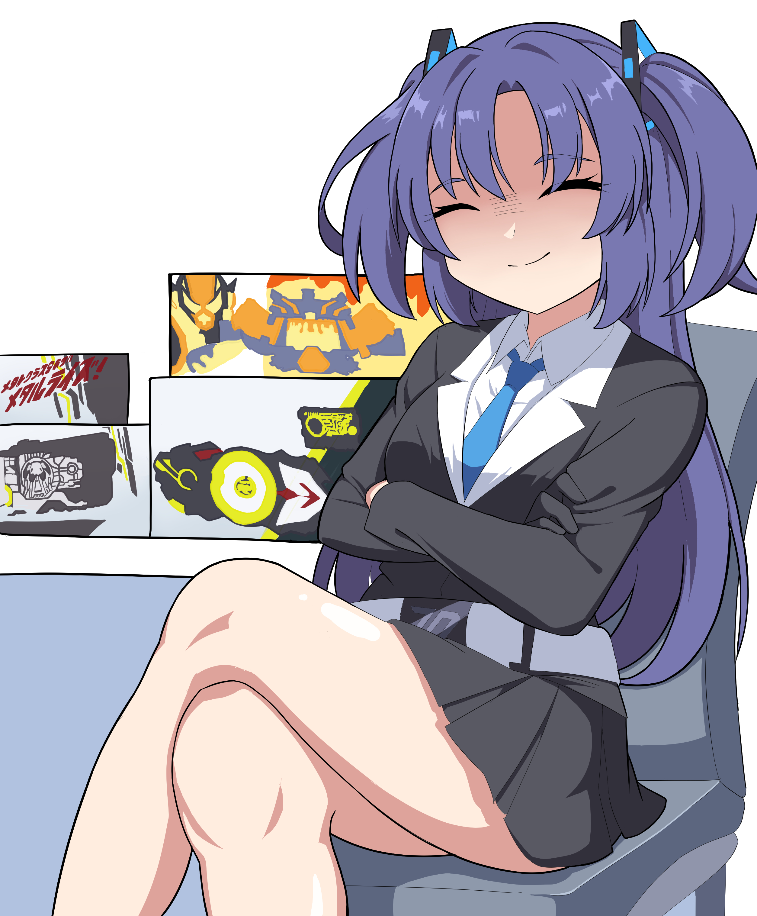 nexos, yuuka (blue archive), blue archive, kamen rider, kamen rider 01 (series), original, absurdres, highres, 1girl, angry, blue necktie, closed eyes, hiden zero-one driver, necktie, progrisekey, rider belt, thighs, toy, two side up