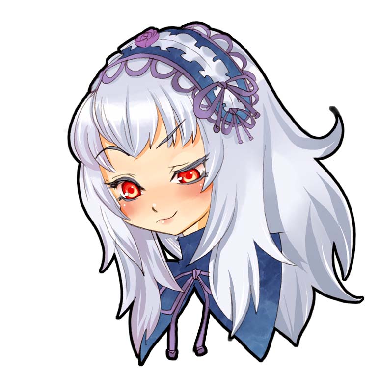 tsuutenkaaku, suigintou, rozen maiden, silver hair, 00s, blush, grin, long hair, red eyes, smile, solo