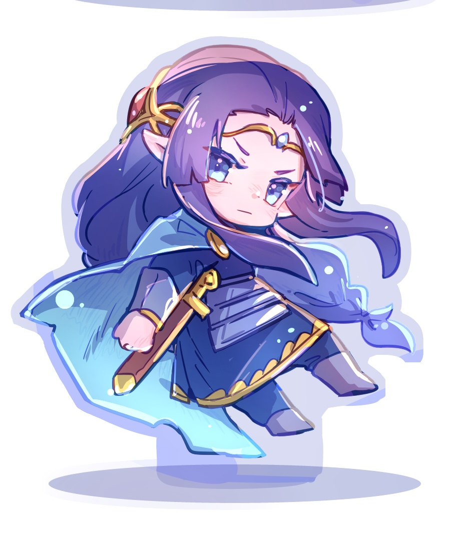 pixiv id 3305855, fingolfin, the silmarillion, tolkien's legendarium, 1boy, aqua eyes, cape, chibi, circlet, closed mouth, elf, floating hair, full body, gem, jewelry, long hair, looking at viewer, male focus, parted bangs, pointy ears, simple background, solo, sword, weapon, white background