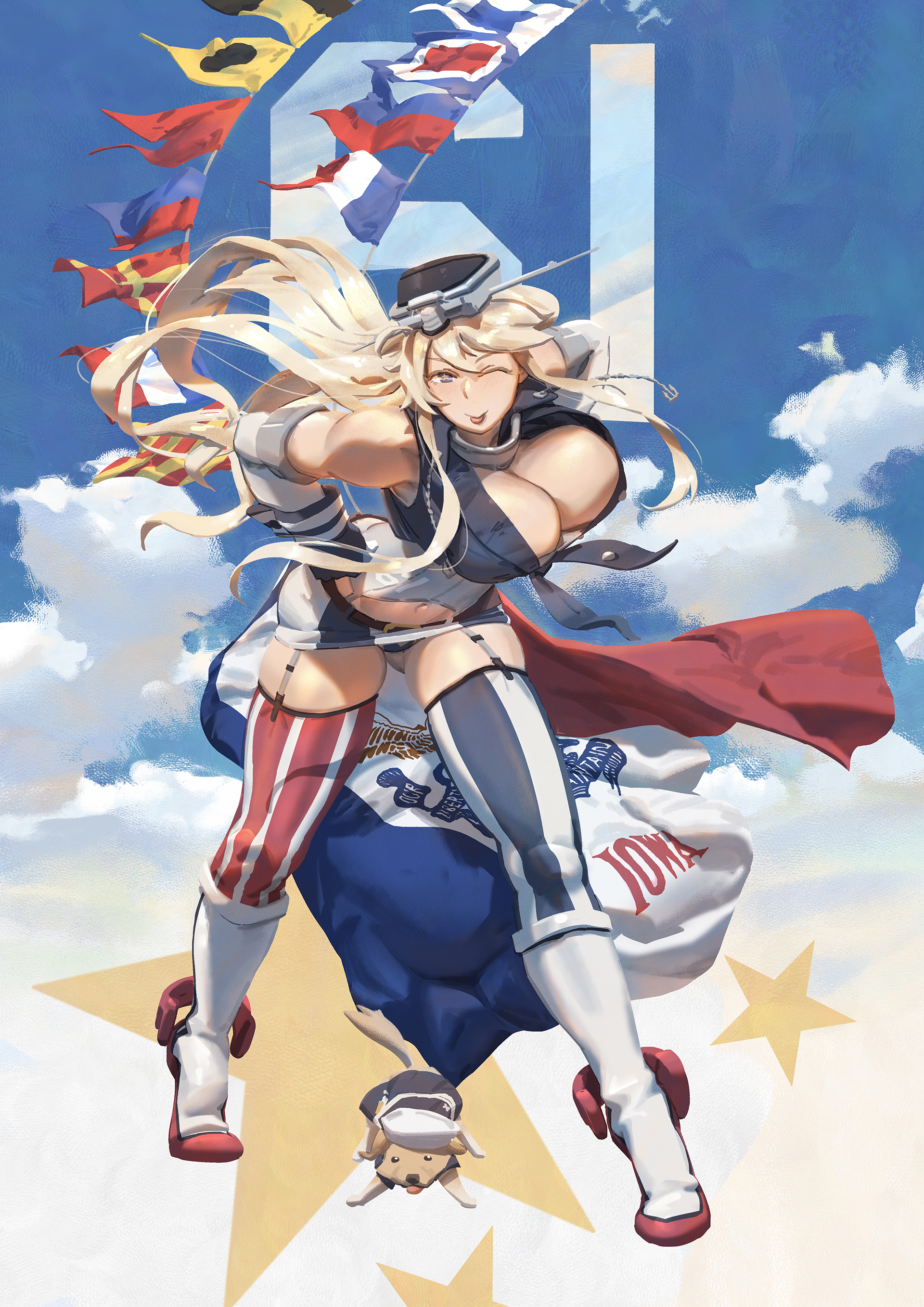 ye fan, iowa (kancolle), kantai collection, absurdres, commentary, english commentary, highres, 1girl, american flag, american flag legwear, american flag print, blonde hair, blue eyes, blue sky, breasts, cleavage, cloud, dixie cup hat, elbow gloves, fingerless gloves, flag print, front-tie top, garter straps, gloves, gluteal fold, hair between eyes, hat, headgear, iowa state flag, large breasts, long hair, looking at viewer, military hat, signal flag, skirt, sky, smile, star-shaped pupils, star (symbol), striped clothes, striped skirt, striped thighhighs, symbol-shaped pupils, thighhighs, tongue, tongue out, vertical-striped clothes, vertical-striped skirt, vertical-striped thighhighs, victory (dog)