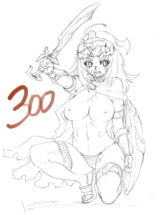 tsuutenkaaku, 300 (movie), 1girl, abs, breasts, cape, female focus, genderswap, genderswap (mtf), greyscale, helm, helmet, kneeling, large breasts, monochrome, on one knee, panties, parody, scar, shield, solo, squatting, sword, thighhighs, underwear, weapon