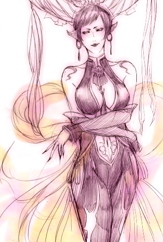 sakazuki (artist), sakazuki (ikaryoisari), da ji, musou orochi, lowres, 1girl, bodysuit, breasts, cleavage, crossed arms, earrings, female focus, head tilt, jewelry, large breasts, looking at viewer, pointy ears, see-through clothes, simple background, skin tight, solo, white background