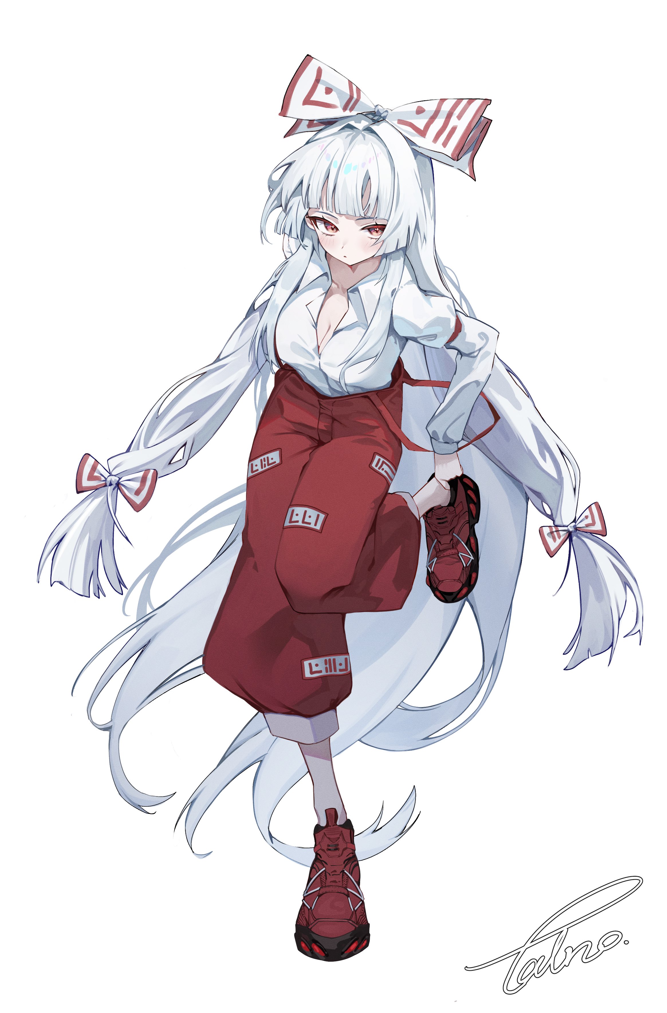 tadano1129, fujiwara no mokou, touhou, absurdres, commentary, highres, 1girl, armlet, bow, breasts, cleavage, collarbone, followers favorite challenge, full body, hair bow, jewelry, long hair, looking at viewer, low-tied long hair, multiple drawing challenge, pants, partially unbuttoned, red eyes, red pants, red shoes, shoes, signature, simple background, sneakers, solo, standing, standing on one leg, suspenders, white background, white hair