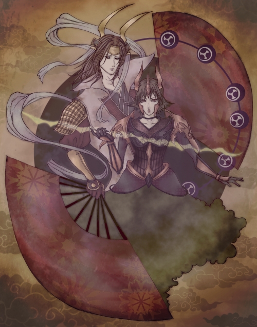 sakazuki (artist), sakazuki (ikaryoisari), ishida mitsunari, ishida mitsunari (sengoku musou), tachibana ginchiyo, sengoku musou, sengoku musou 2, 2girls, black hair, brown hair, folding fan, hand fan, holding, japanese clothes, kimono, long hair, long sleeves, looking at viewer, multiple girls, sash, shawl, short hair, very long hair