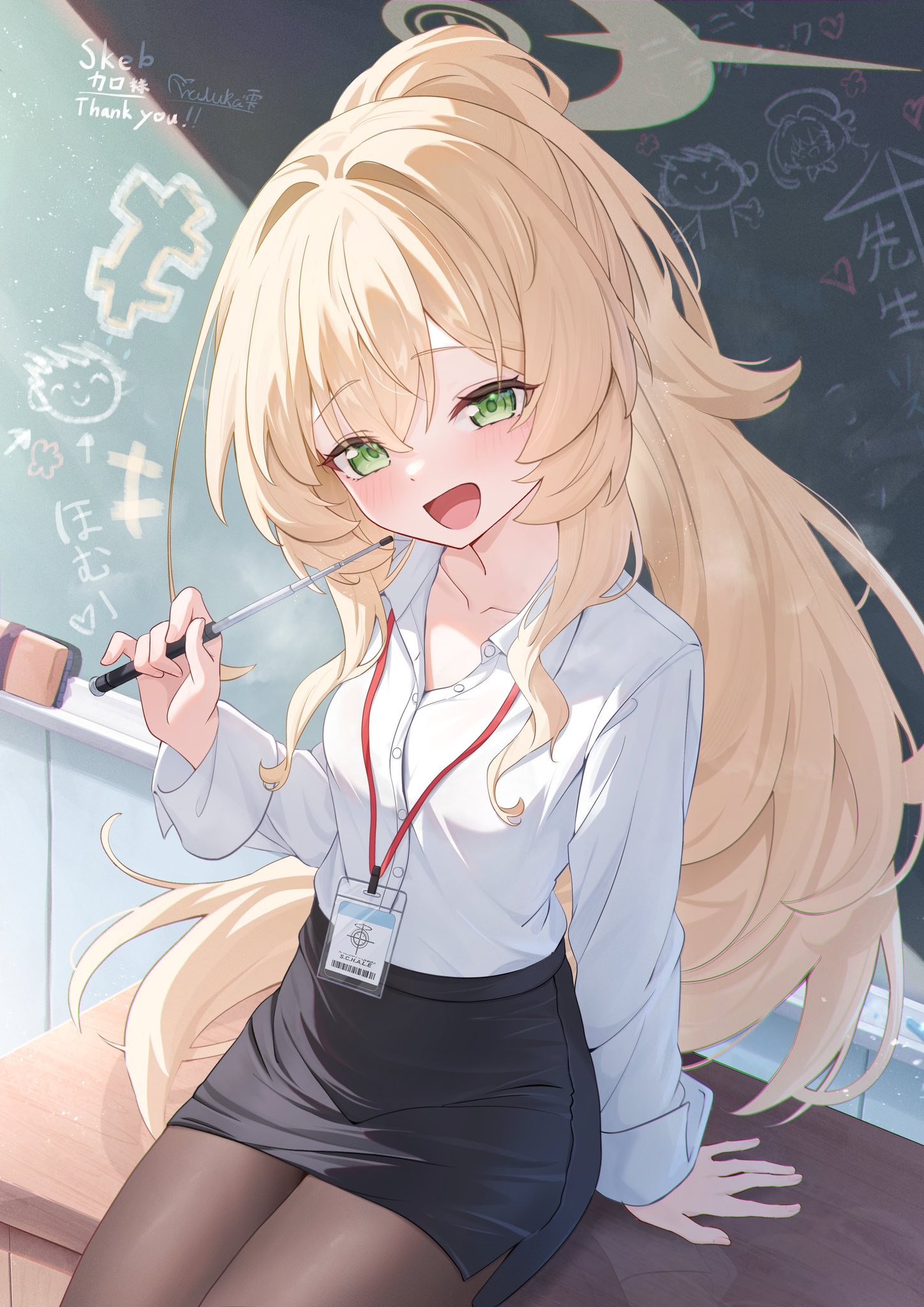haluka o0, doodle sensei (blue archive), professor niyaniya (blue archive), sensei (blue archive), blue archive, commentary request, commission, highres, skeb commission, 1girl, :d, black pantyhose, black skirt, blonde hair, blush, chalkboard, collarbone, collared shirt, green eyes, halo, hand up, holding, holding pointer, id card, lanyard, long hair, long sleeves, looking at viewer, open mouth, pantyhose, pointer, shirt, sitting, skirt, smile, solo, very long hair, white shirt, yellow halo