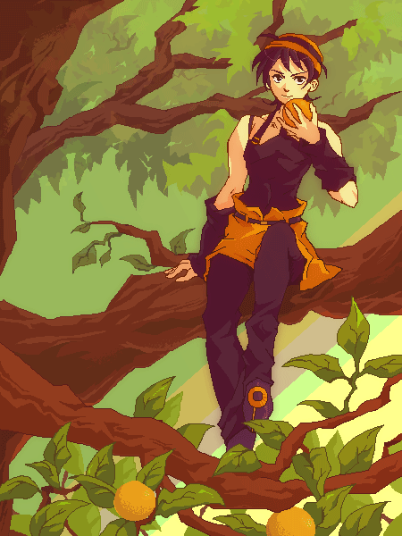 areri, narancia ghirga, jojo no kimyou na bouken, vento aureo, 1boy, belt, black eyes, black hair, choker, collarbone, food, fruit, headband, in tree, leaf, male focus, name connection, orange (fruit), short hair, sitting, sitting in tree, solo, tree, wristband