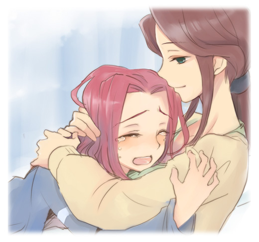 plum (arch), kouzuki kallen, code geass, 00s, 2girls, age difference, blue eyes, blush, brown hair, closed eyes, comforting, hand on another's head, holding, hug, mother and daughter, multiple girls, pink hair, red hair, smile, tears