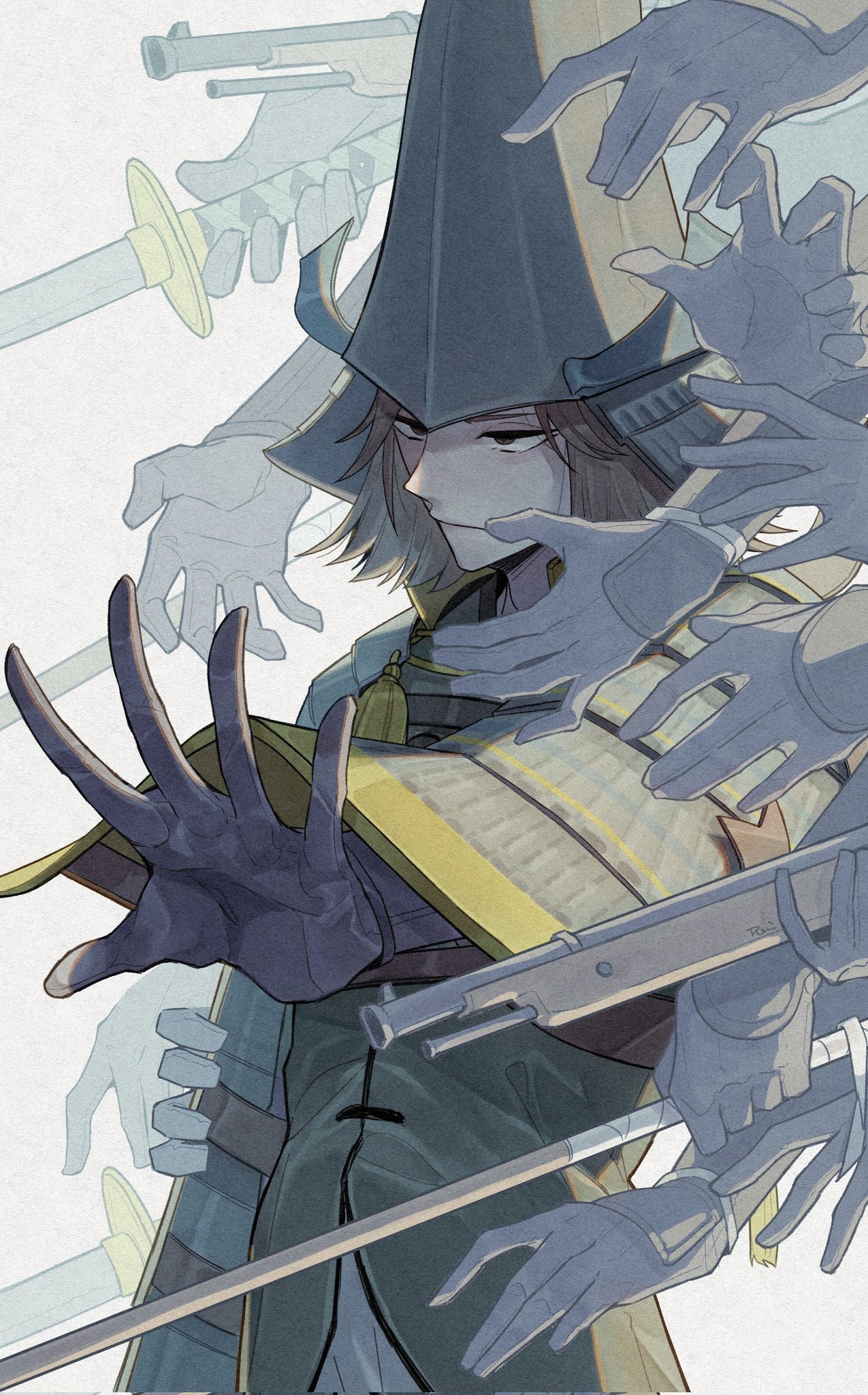 am1582, mouri motonari (sengoku basara), sengoku basara, highres, 1boy, armor, black gloves, brown eyes, brown hair, expressionless, feet out of frame, gloves, gun, helmet, japanese armor, kabuto (helmet), katana, looking ahead, male focus, outstretched arm, simple background, spread fingers, sword, weapon, white background