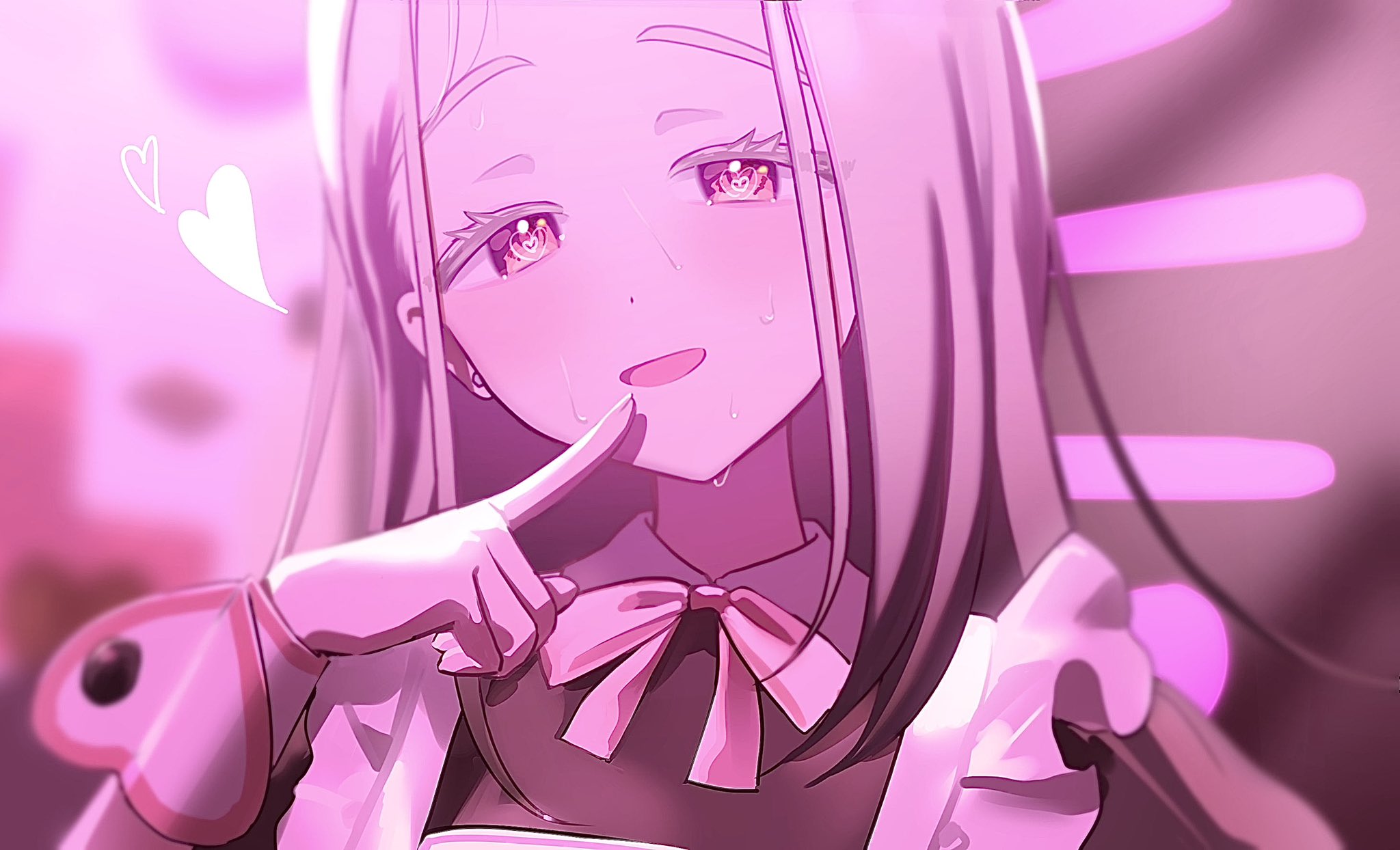 yuuki hajime, shinosawa hiro, gakuen idolmaster, idolmaster, hashtag-only commentary, highres, 1girl, apron, black dress, blonde hair, blurry, blurry background, bow, bowtie, colored eyelashes, depth of field, dress, earrings, finger to mouth, frilled apron, frills, hand up, happy mille-feuille (idolmaster), heart, heart-shaped pupils, index finger raised, jewelry, light blush, long hair, looking at viewer, maid, maid apron, official alternate costume, open mouth, orange eyes, pink bow, pink bowtie, solo, stud earrings, sweat, symbol-shaped pupils, upper body, white apron, wrist cuffs