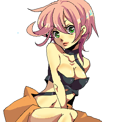 abi, trish una, jojo no kimyou na bouken, vento aureo, lowres, 1girl, bare shoulders, breasts, cleavage, collarbone, female focus, green eyes, large breasts, lipstick, makeup, midriff, navel, oekaki, pink hair, skirt, solo