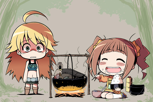 serebi ryousangata, hoshii miki, takatsuki yayoi, idolmaster, idolmaster (classic), idolmaster 1, pot, upset, bad id, bad pixiv id, 00s, 2girls, ahoge, bird, blonde hair, blush, brown hair, campfire, chibi, chopsticks, closed eyes, disturbed, duck, eating, fire, food, food on face, green eyes, hanging, long hair, midriff, multiple girls, mushroom, raglan sleeves, rice, rice on face, saliva, skirt, smile, thermos, tree, twintails