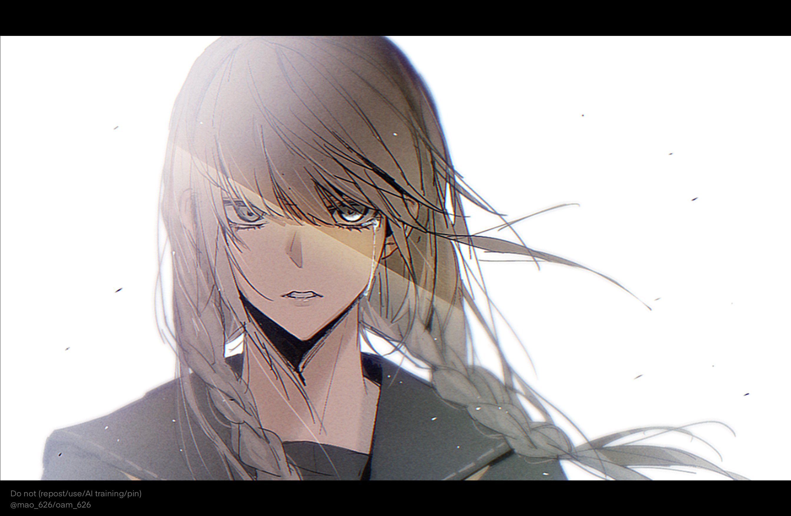 mao 626, narukami yu, persona, persona 4, highres, 1boy, black sailor collar, braid, crossdressing, crossdressing (mtf), crying, crying with eyes open, frown, grey eyes, grey hair, letterboxed, light particles, long hair, looking at viewer, male focus, official alternate costume, official alternate hair length, official alternate hairstyle, parted lips, sailor collar, school uniform, simple background, straight-on, tears, twin braids, twitter username, white background, yasogami school uniform