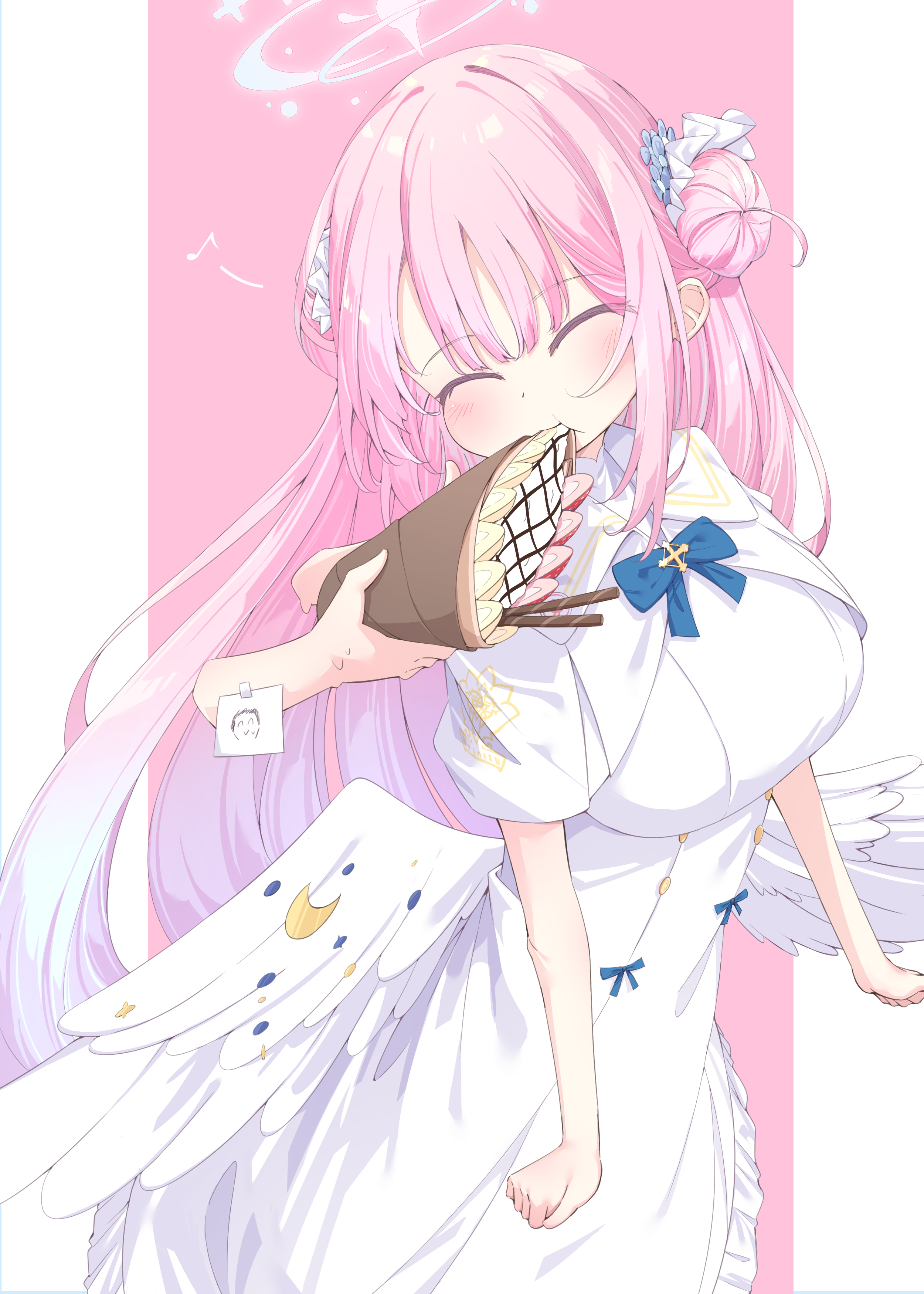 ikamoworkshop, doodle sensei (blue archive), mika (blue archive), sensei (blue archive), blue archive, absurdres, highres, 1boy, 1girl, angel wings, blue bow, blush, bow, breasts, capelet, closed eyes, closed mouth, crepe, dress, eating, feathered wings, flower, food, fruit, gold trim, hair bun, hair flower, hair ornament, holding, holding crepe, holding food, ice cream crepe, long hair, low wings, medium breasts, pink hair, single hair bun, single side bun, strawberry, very long hair, white capelet, white dress, white wings, wing ornament, wings