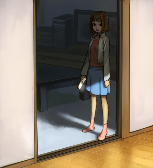 amami haruka, idolmaster, idolmaster (classic), idolmaster 1, 00s, brown hair, cellphone, computer, creepy, dark, horror (theme), jacket, phone, shadow, short hair, skirt, smile, socks, solo, table, television, yandere