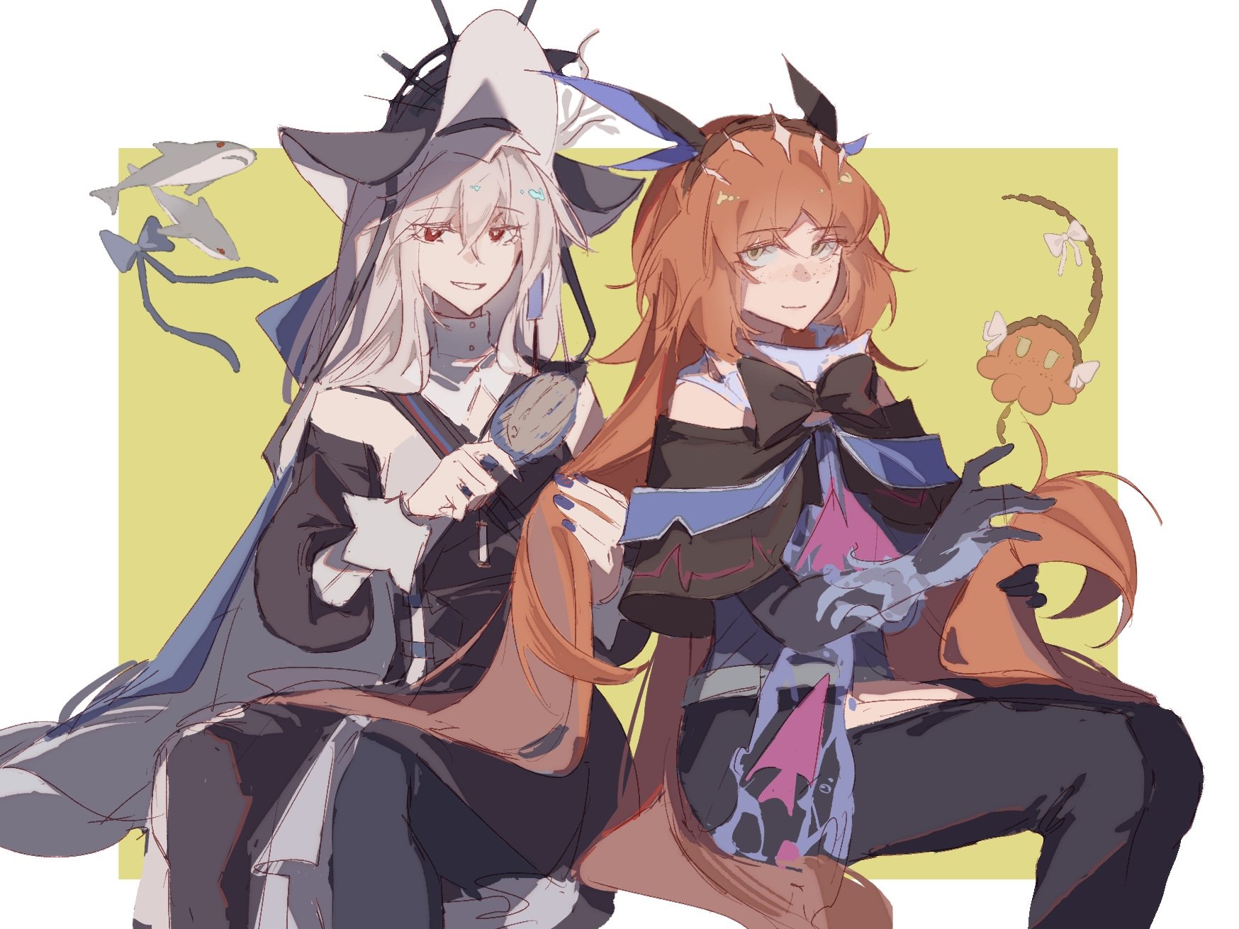rheans, ishmael (project moon), specter (arknights), specter the unchained (arknights), arknights, limbus company, project moon, hashtag-only commentary, highres, 2girls, black gloves, black pants, blue nails, brushing another's hair, brushing hair, e.g.o (project moon), gloves, grey hair, hair between eyes, hair brush, hat, holding, holding another's hair, holding hair brush, looking at viewer, multiple girls, orange hair, pants, red eyes, smile, tidal elegy (e.g.o), yellow eyes